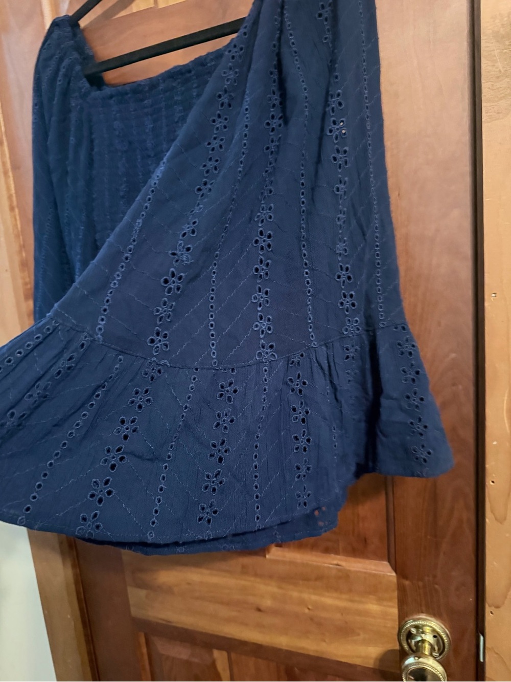 Angie’s Women’s Navy Eyelet Smocked Peasant Top - Picture 5 of 7